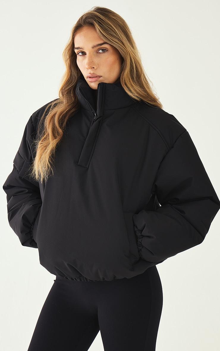 Black High Neck Cropped Puffer Jacket Product Image