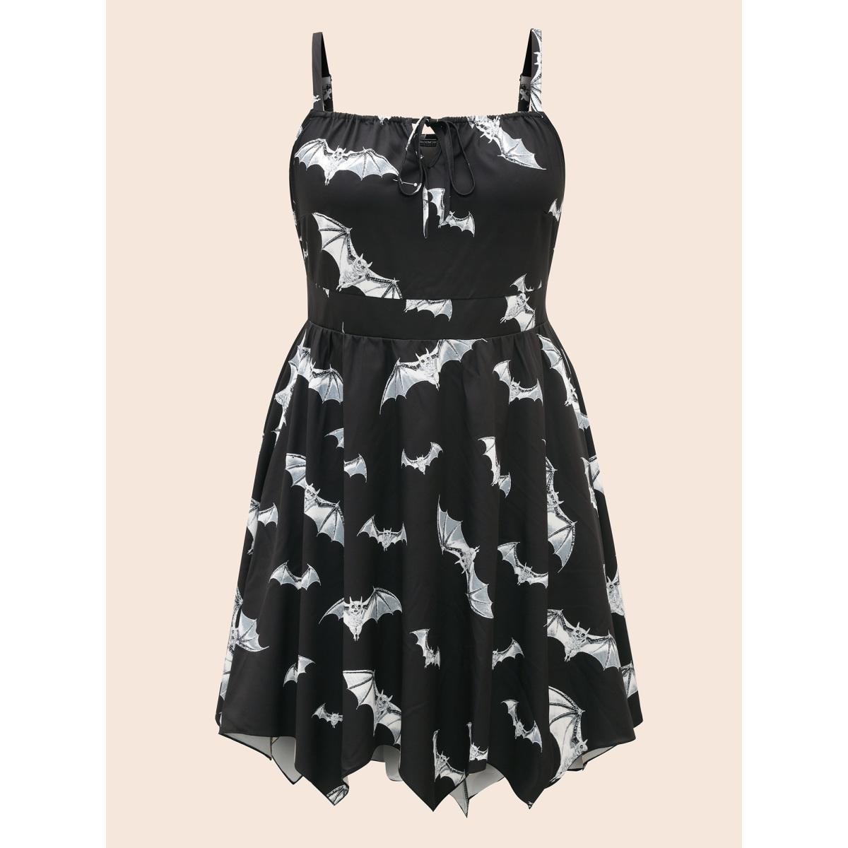 Plus Size Neck Drawstring Bat Print Midi Dress Black Women Cocktail Tie knot Party Curvy Bloomchic 10/M Product Image