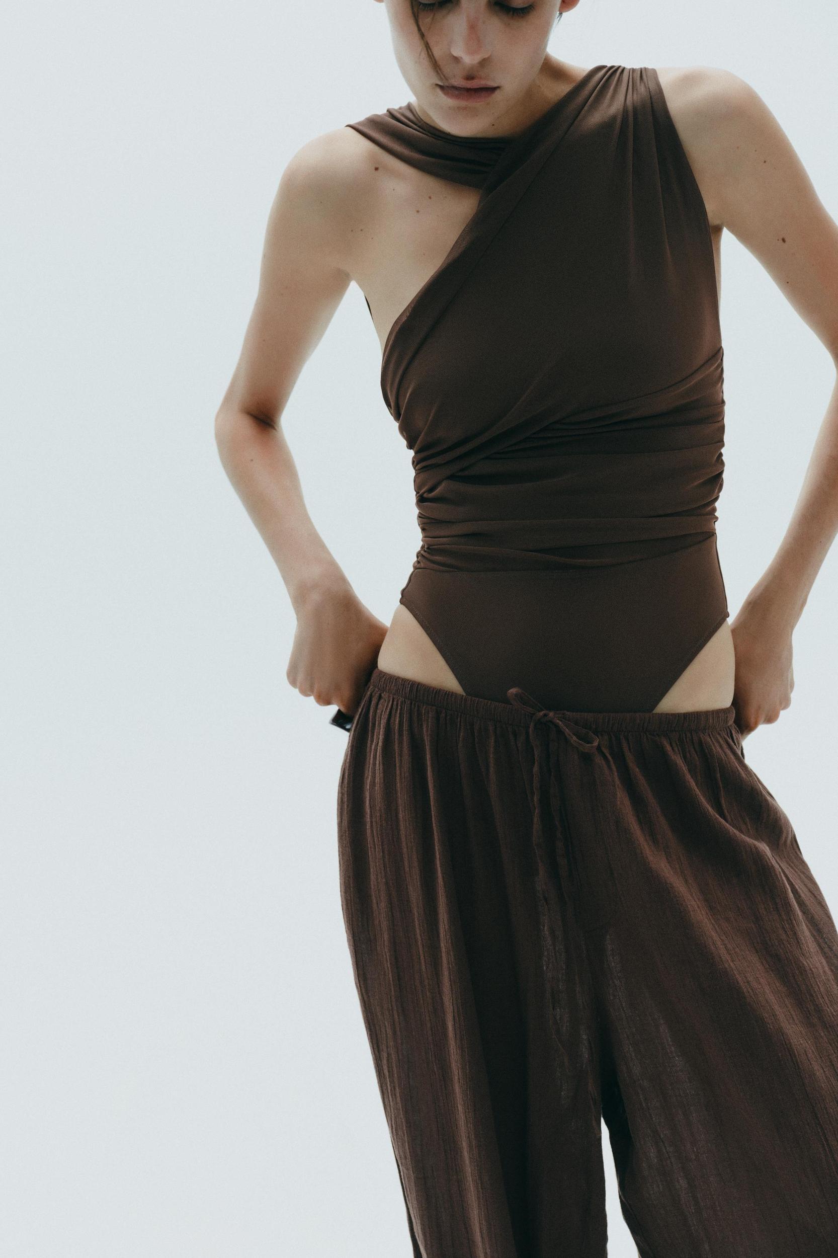 DRAPED ASYMMETRIC TULLE BODYSUIT Product Image