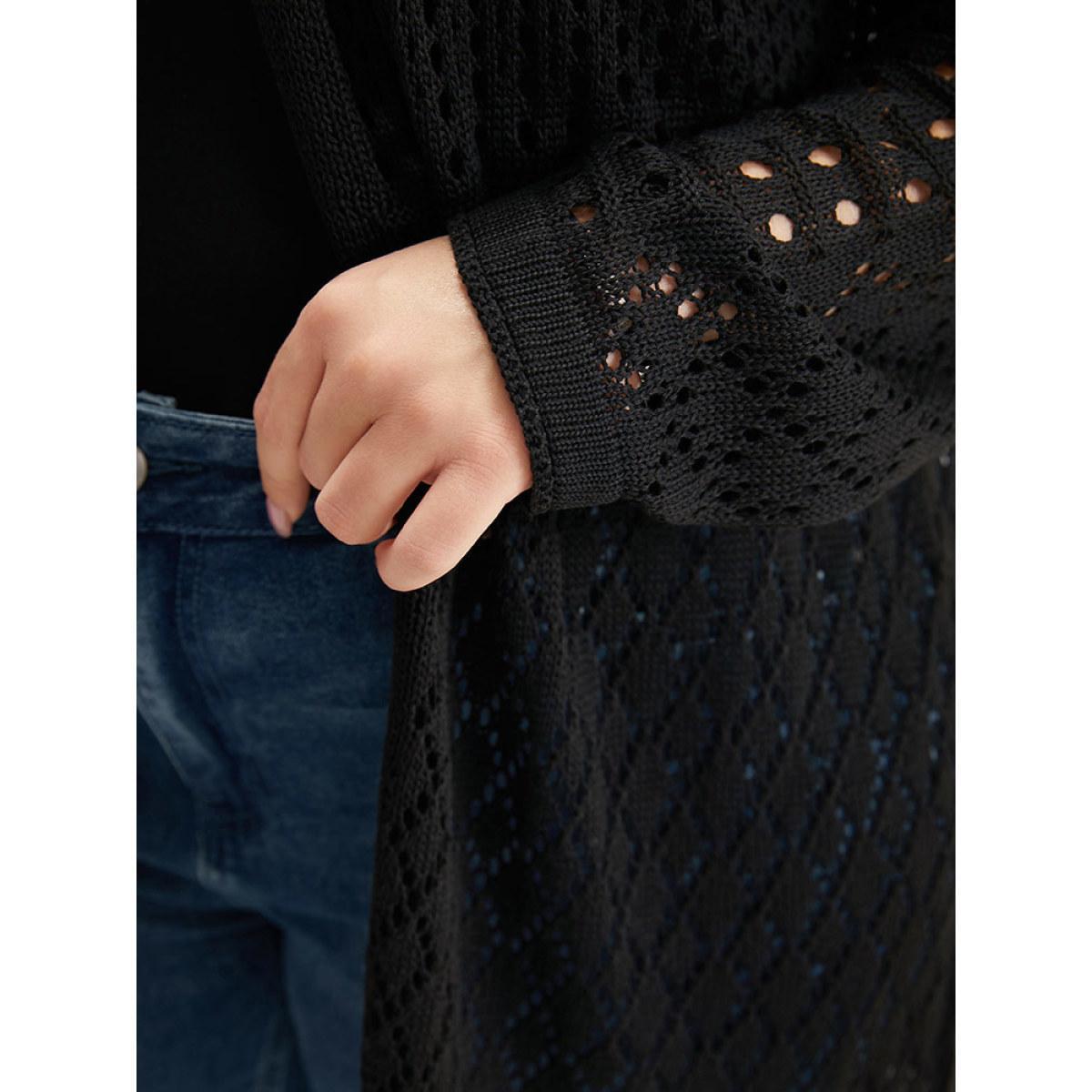 Plus Size Solid Geometric Eyelet Batwing Sleeve Elastic Cuffs Cardigan Black Women Basics Loose Long Sleeve Everyday Cardigans BloomChic 10/M Product Image
