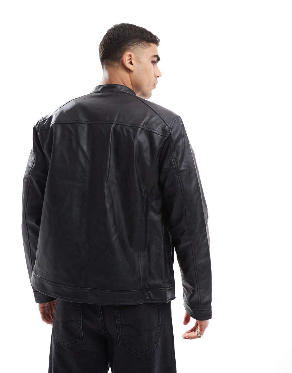Jack & Jones faux leather racer jacket in black Product Image
