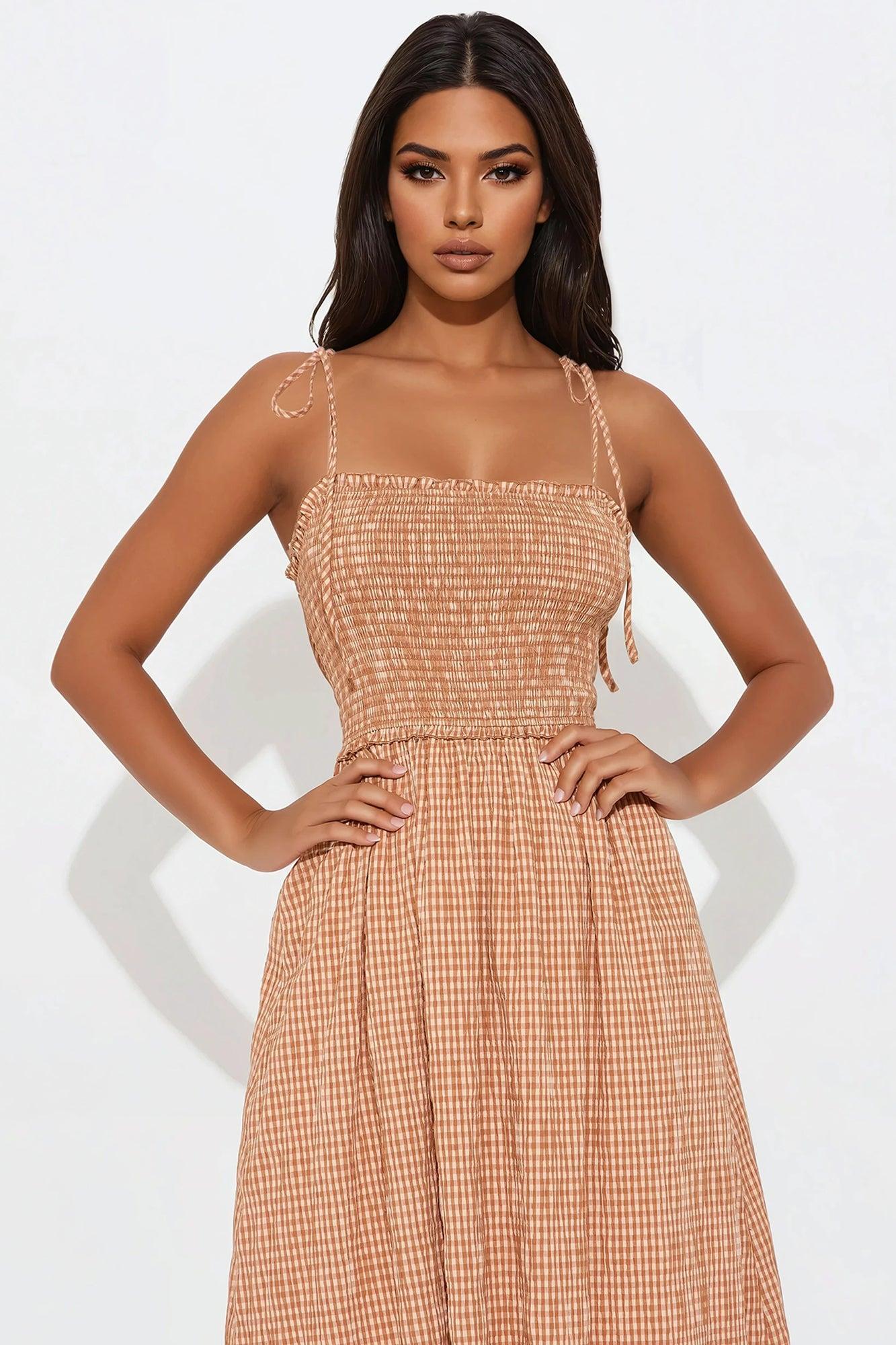 Sun Beam Smocked Midi Dress - Taupe Product Image