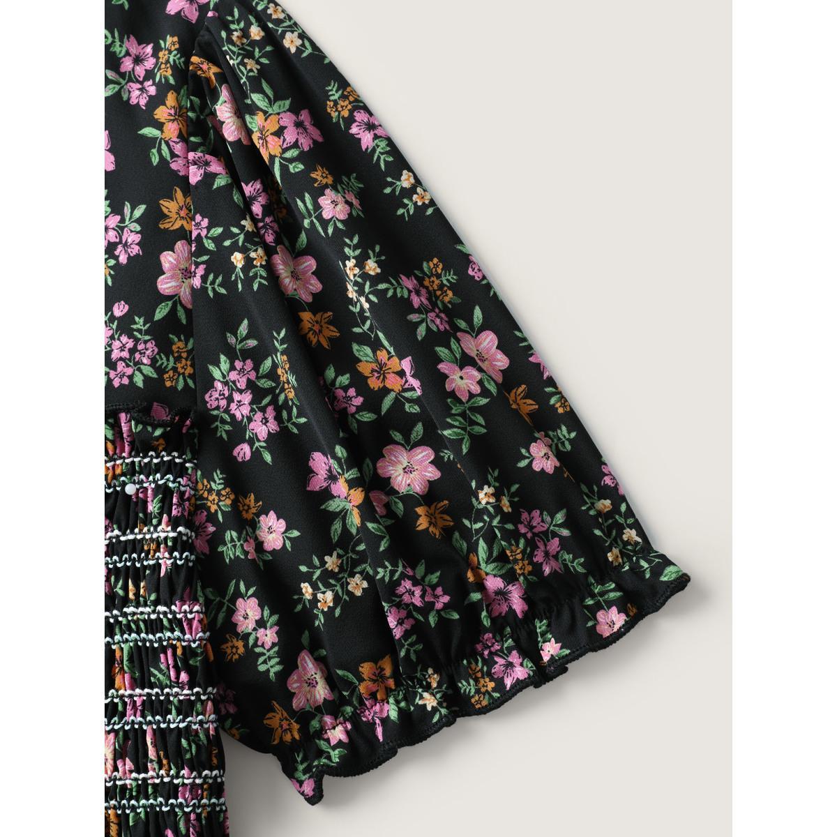 Plus Size Floral Shirred Bodice Contrast Midi Dress Black Women Gathered Square Neck Short sleeve Curvy BloomChic 12/L Product Image