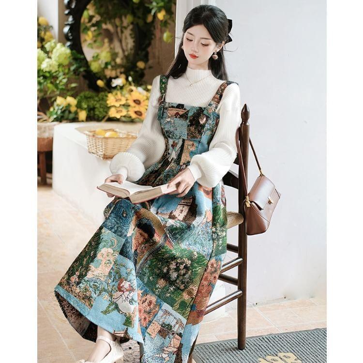 Balloon Sleeve Mock Neck Plain Ribbed Sweater / Long Sleeve Collared Bow Blouse / Patterned Print Maxi A-Line Overall Dress / Set Product Image