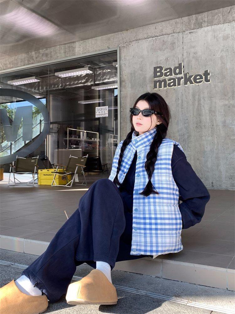 Stand Collar Plain Fleece Zip Jacket / Plaid Padded Button Vest / Drawstring Waist Wide Leg Sweatpants Product Image