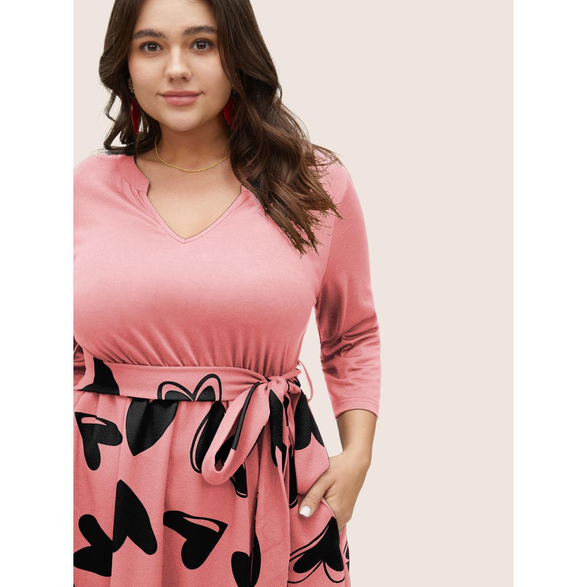 Plus Size Heart Print Notched Belted Patchwork Dress Pink Women Elegant Non Notched collar Elbow-length sleeve Curvy Midi Dress BloomChic 18-20/2X Product Image