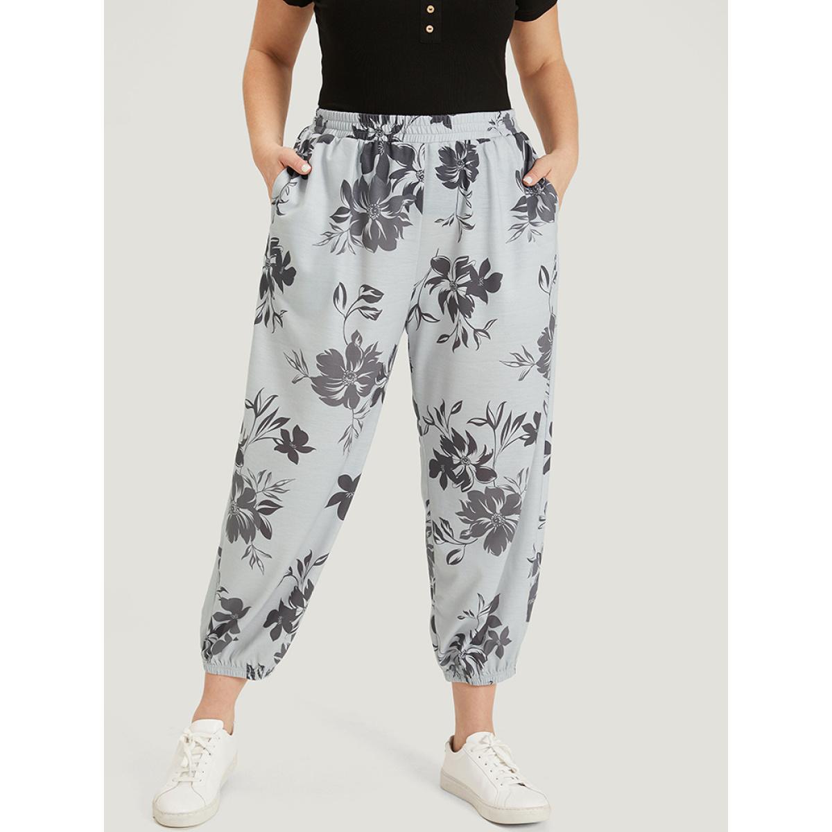 Silhouette Floral Print Pocket Elastic Waist Sweatpants DarkGray Plus Size Women Casual Everyday Elastic Waist 26/4X Bloomchic Product Image