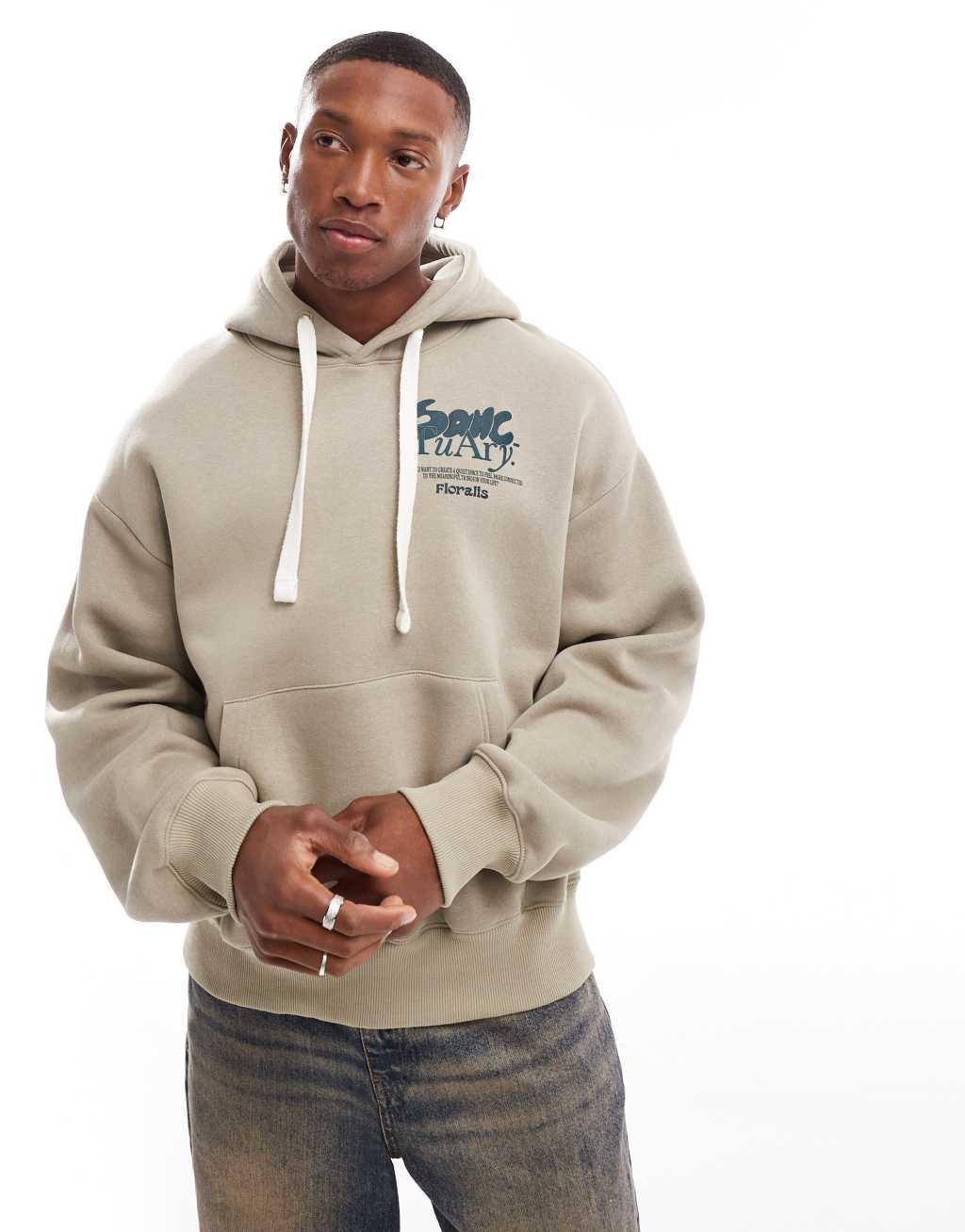 Bershka printed hoodie in beige  Product Image