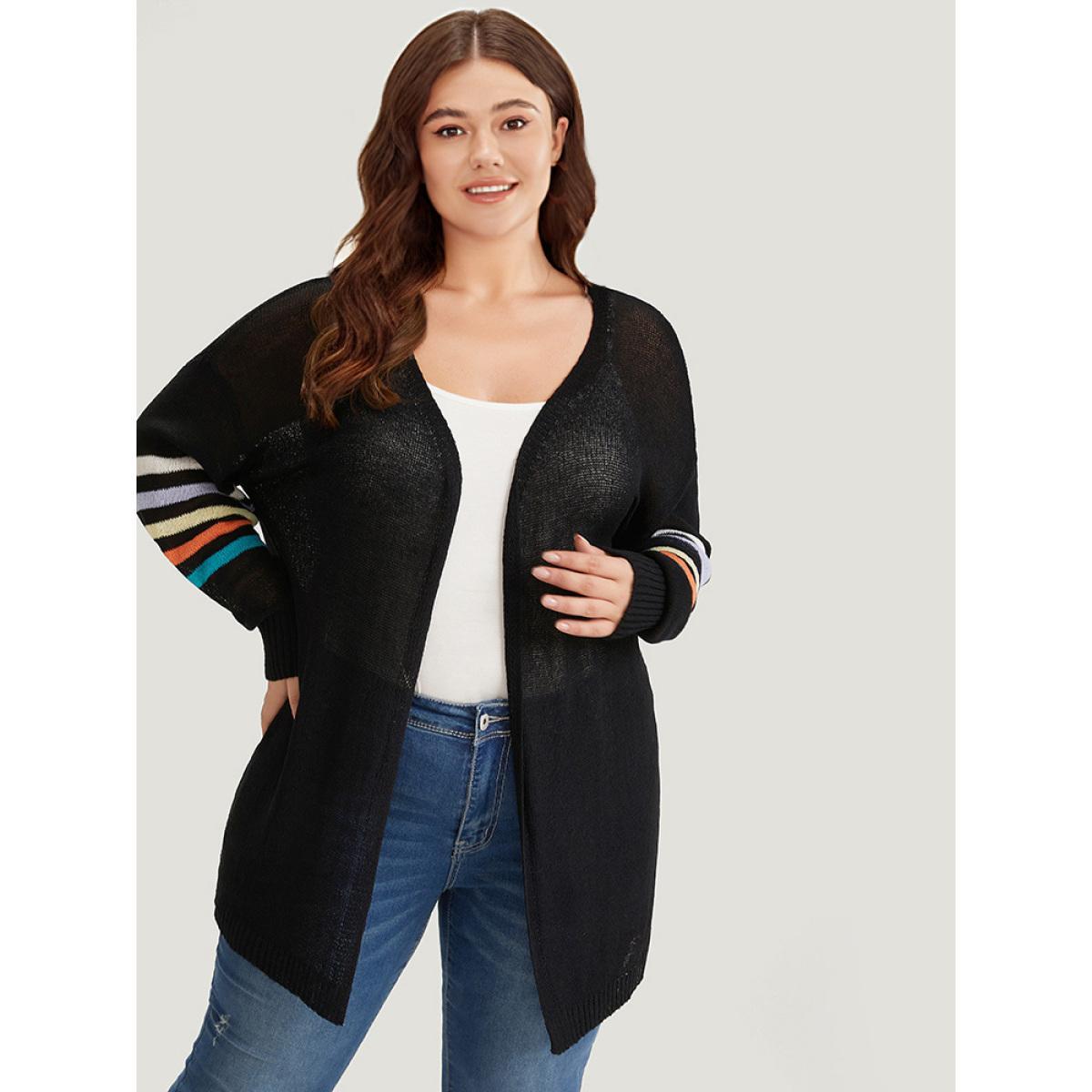 Plus Size Rainbow Striped Open Front Drop Shoulder Cardigan Black Women Casual Loose Long Sleeve Dailywear Cardigans BloomChic 10/M Product Image
