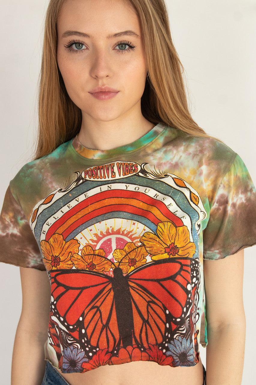 Tie Dye Positive Vibes Butterfly Crop Tee Product Image