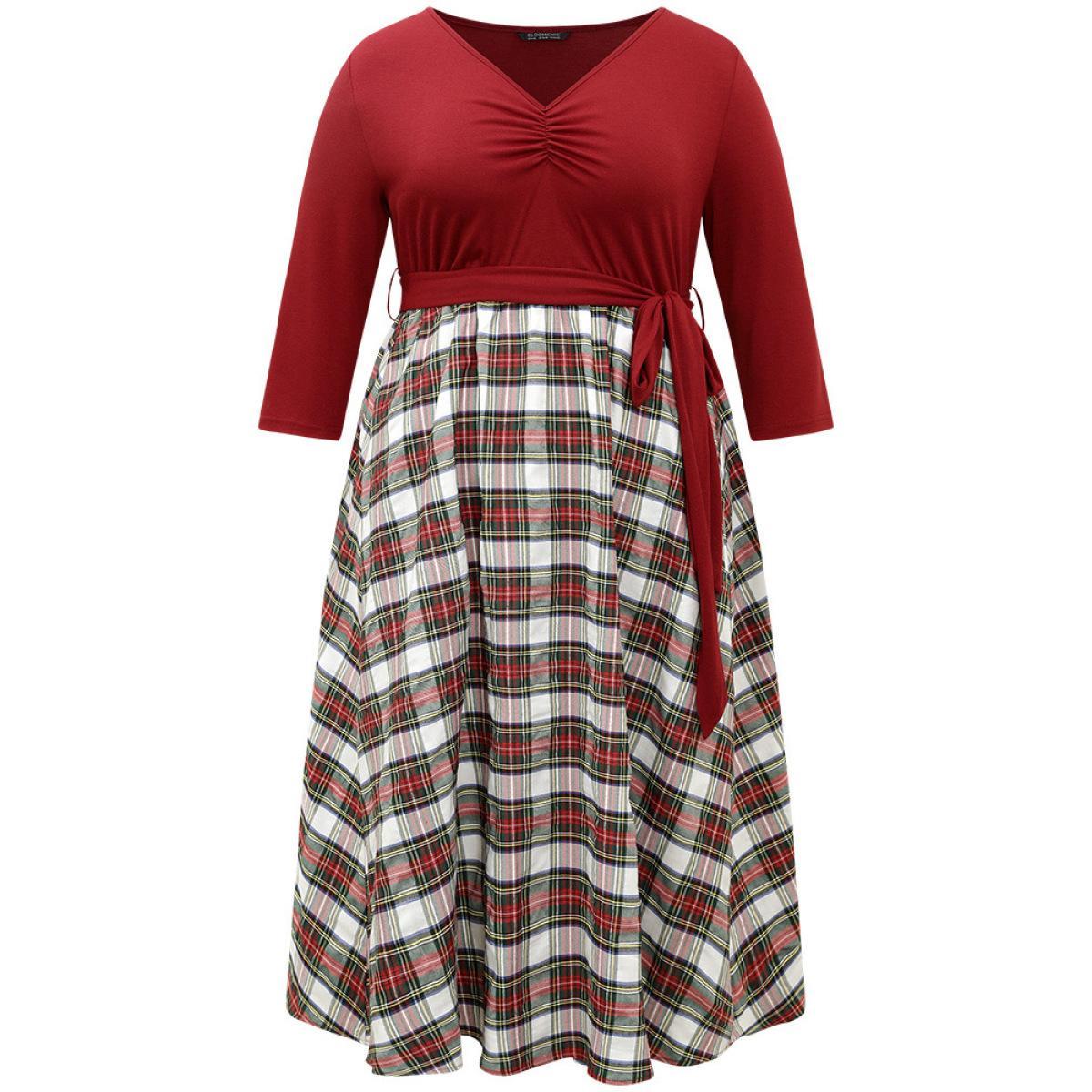 Plus Size Christmas Plaid Patchwork Ruched Belted Dress Red Women Work From Home Gathered V-neck Elbow-length sleeve Curvy Midi Dress BloomChic 30/6X Product Image