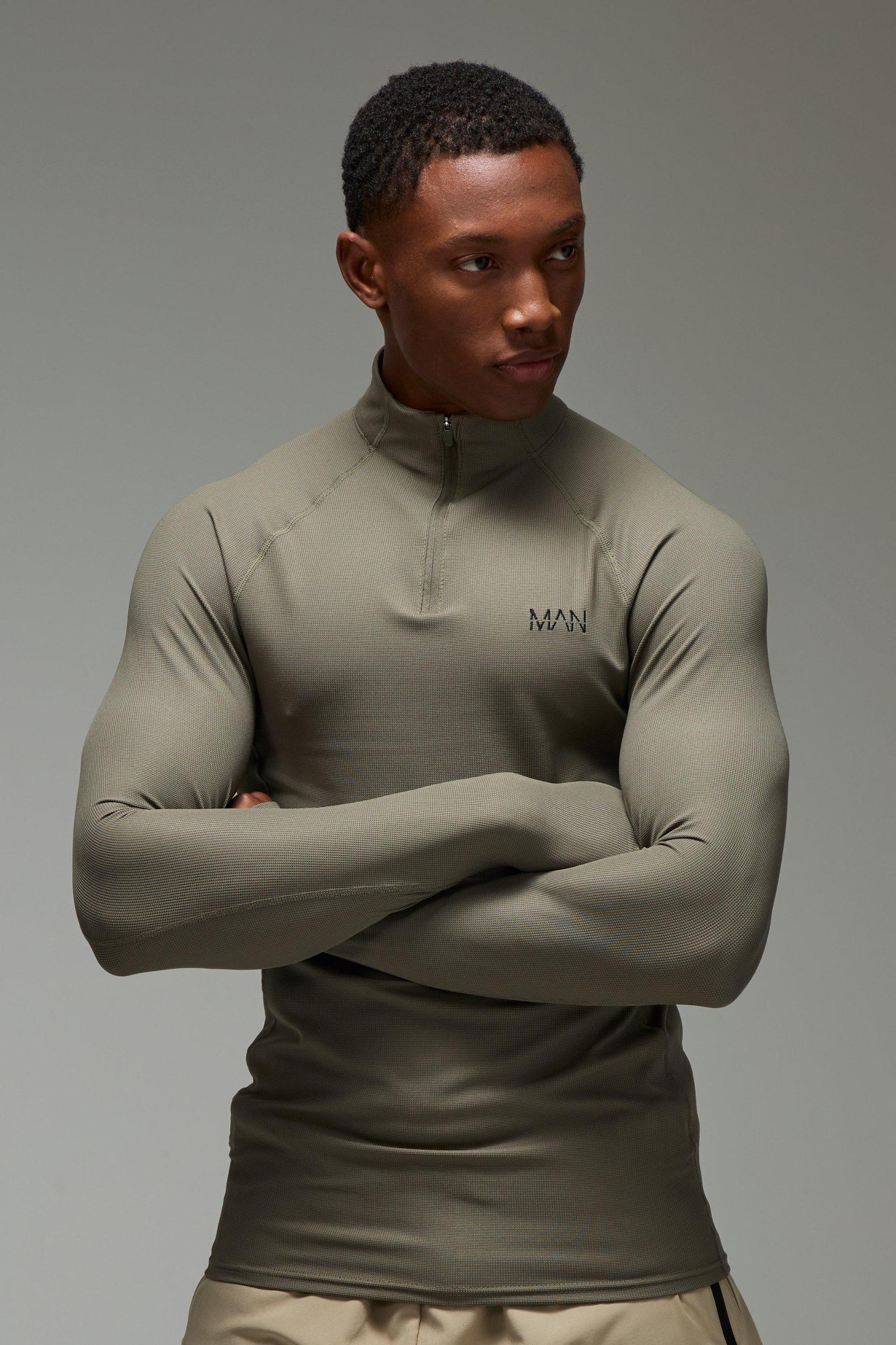 Mens Man Active Waffle Texture Muscle Fit 1/4 Zip - Green Product Image