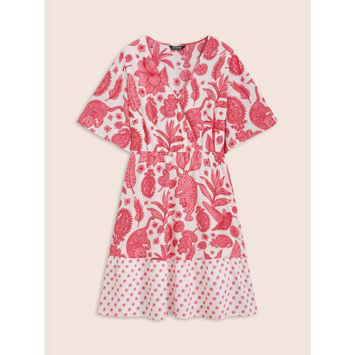Plus Size Overlap Collar Boho Print Patchwork Dress Salmon Women Resort Patchwork Overlap Collar Half Sleeve Curvy BloomChic 18-20/2X Product Image