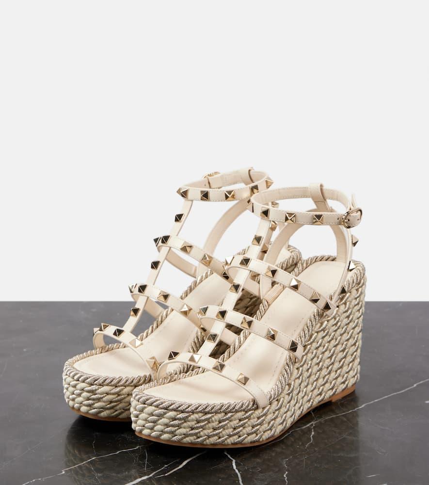 VALENTINO GARAVANI Rockstud Torchon Espadrille Wedges In Light Ivory Product Image