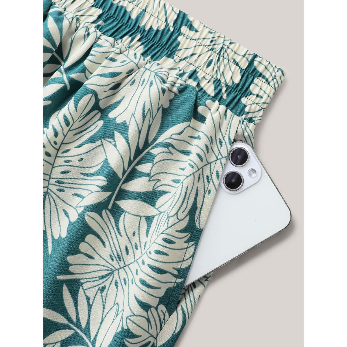 Plus Size Tropical Leaf Pattern Shirred Wide-Leg Pants Women Emerald Resort Wide Leg Mid Rise Vacation Pants BloomChic 18-20/2X Product Image