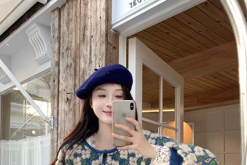 Round Neck Floral Button Cardigan / Long-Sleeve Plain Lace Blouse / Mid Rise Patterned Wide Leg Pants Product Image