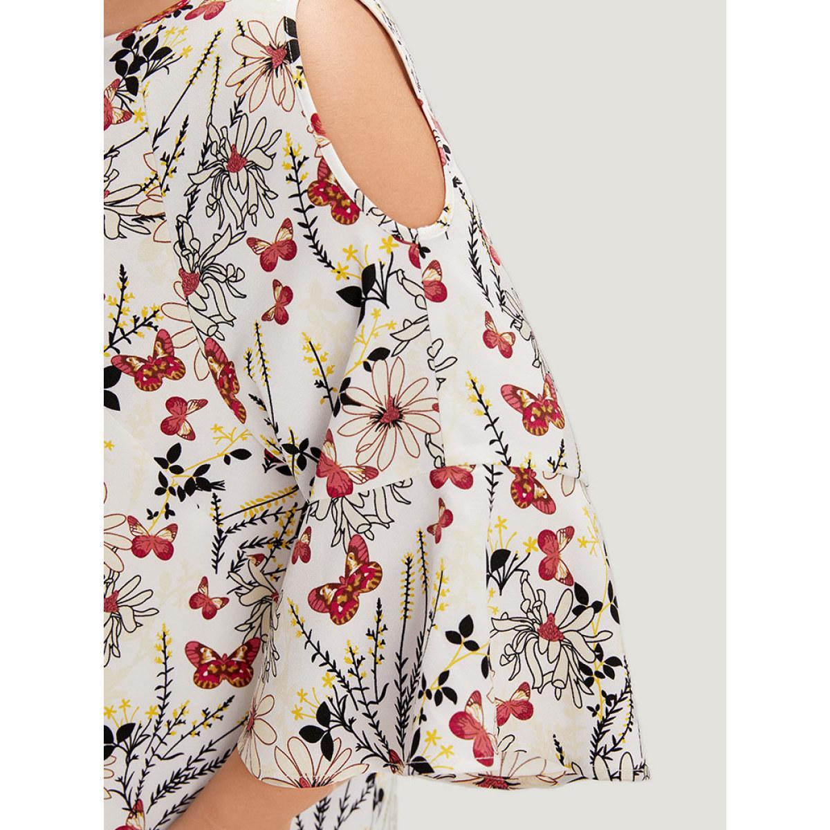 Plus Size Multicolor Butterfly & Floral Print Bell Sleeve Cut Out Blouse Women Elegant Elbow-length sleeve Round Neck Dailywear Blouses BloomChic 26/4X Product Image