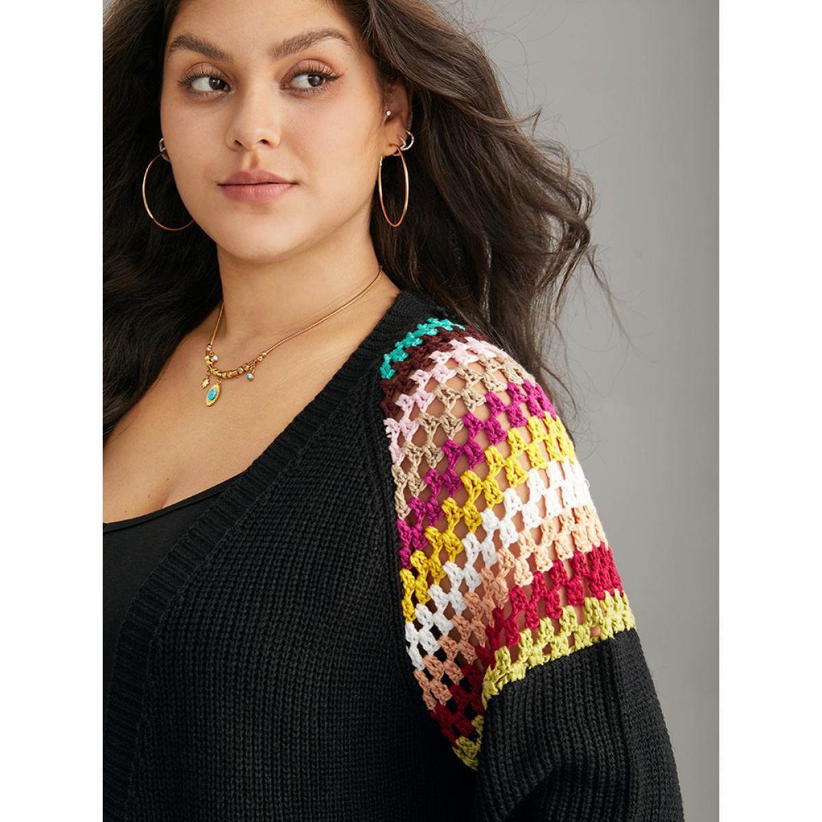 Plus Size Rainbow Embroidered Raglan Sleeve Open Front Cardigan Black Women Casual Loose Long Sleeve Dailywear Cardigans BloomChic 28/5X Product Image