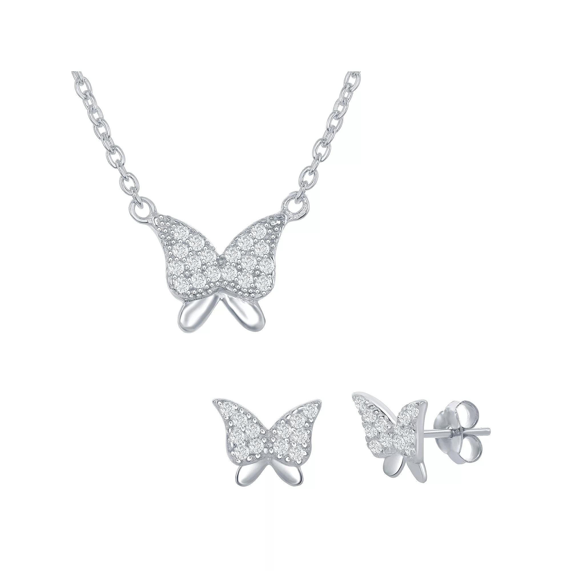 Sterling Silver Cubic Zirconia Butterfly Necklace & Earrings Set, Women's, Size: 18" Product Image