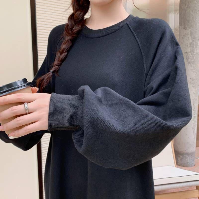 Long Sleeve Round Neck Ruffle Hem Plain Maxi Dress Product Image