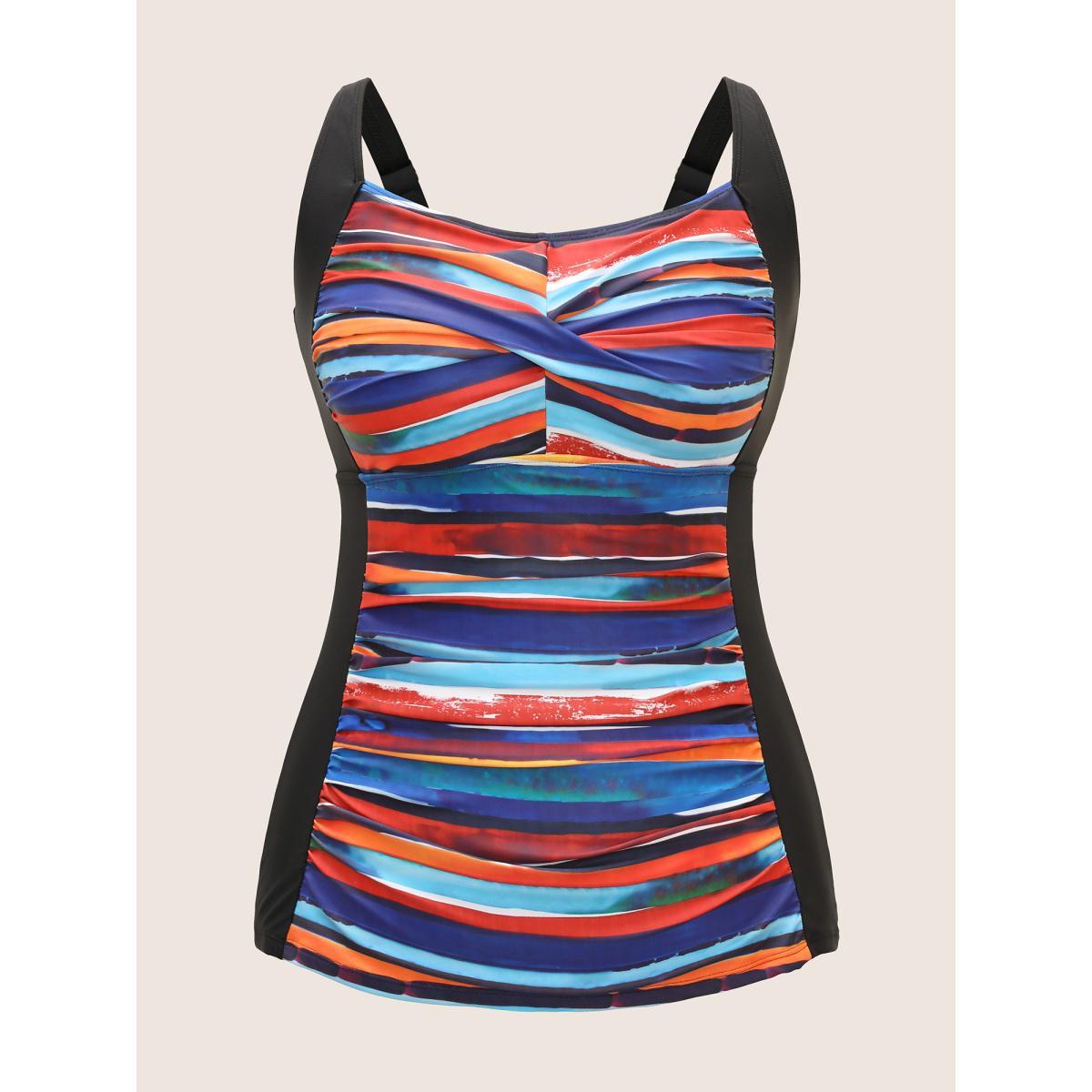 Plus Size Colored Striped Gathered Twist Front Swim Top Women's Swimwear Multicolor Beach Twist High stretch Skinny Heart neckline Curve Swim Tops BloomChic 28/5X Product Image