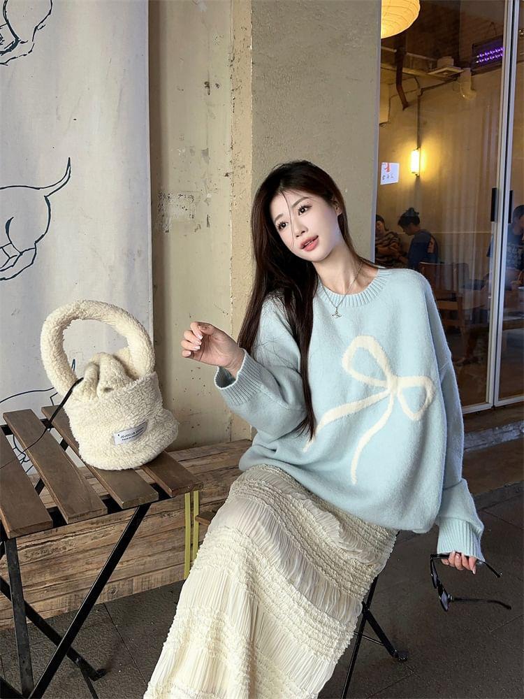 Round Neck Bow Print Oversized Sweater / Mid Rise Plain Ruffle Trim Maxi Skirt / Mid Rise Plain Wide Leg Pants Product Image