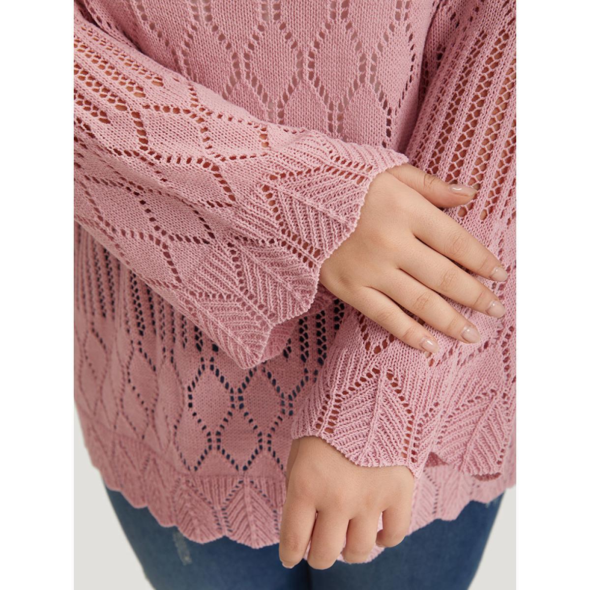 Plus Size Supersoft Essentials Hollow Out Split Side Bell Sleeve Pullover Watermelon Women Casual Loose Long Sleeve Round Neck Everyday Pullovers BloomChic 28/5X Product Image