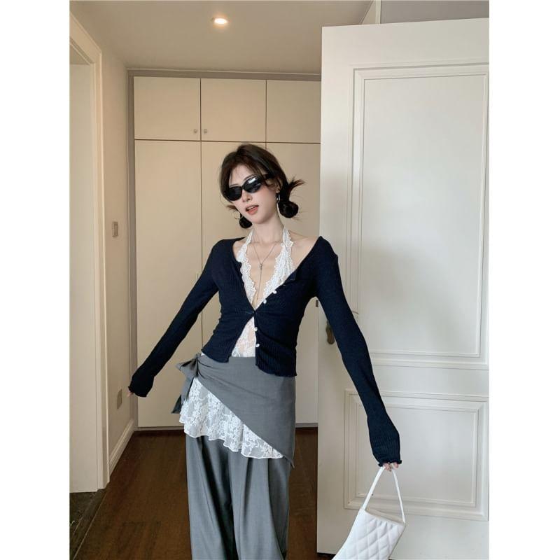 Halter-Neck V-Neck Lace Top / High Waist Wide Leg Pants / V-Neck Button-Up Cardigan Product Image