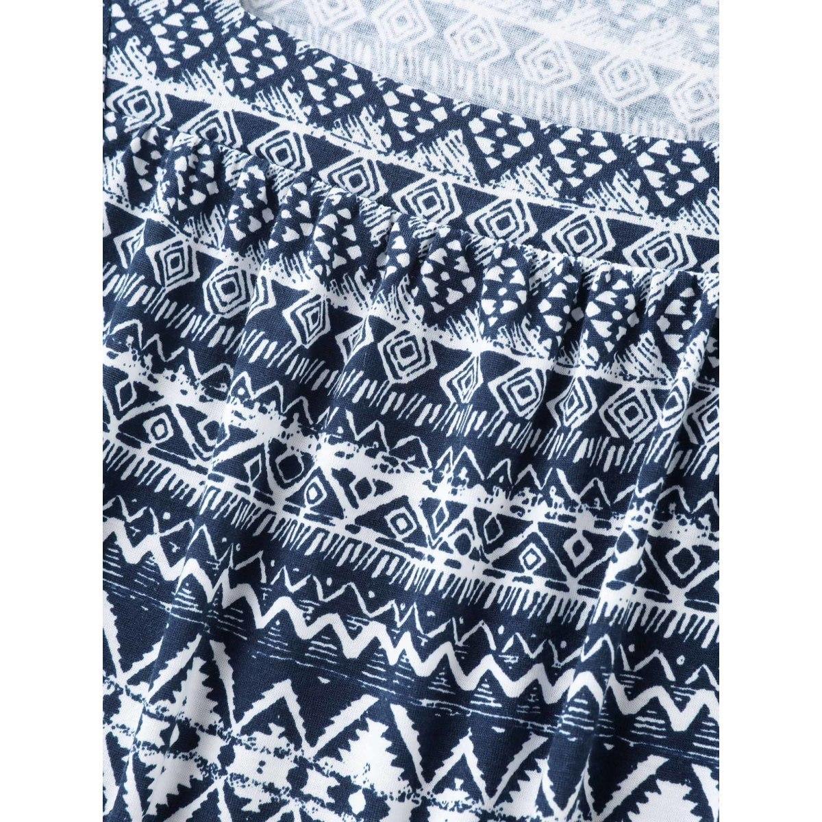 Plus Size Boho Print Square Neck T-Shirt Indigo Women Gathered Square Neck Everyday-Casual T-shirts BloomChic 12/L Product Image
