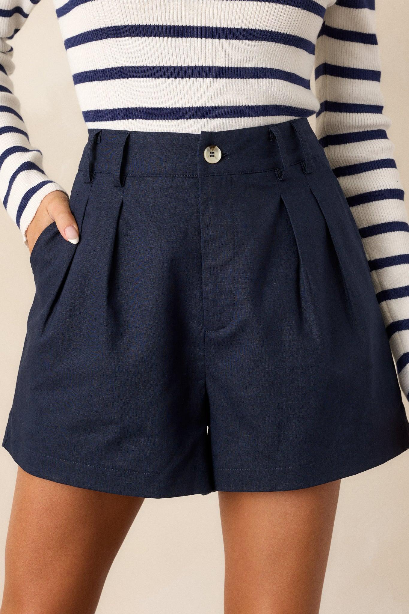 Echoes Of Dreams Navy Pleated Linen Shorts Product Image