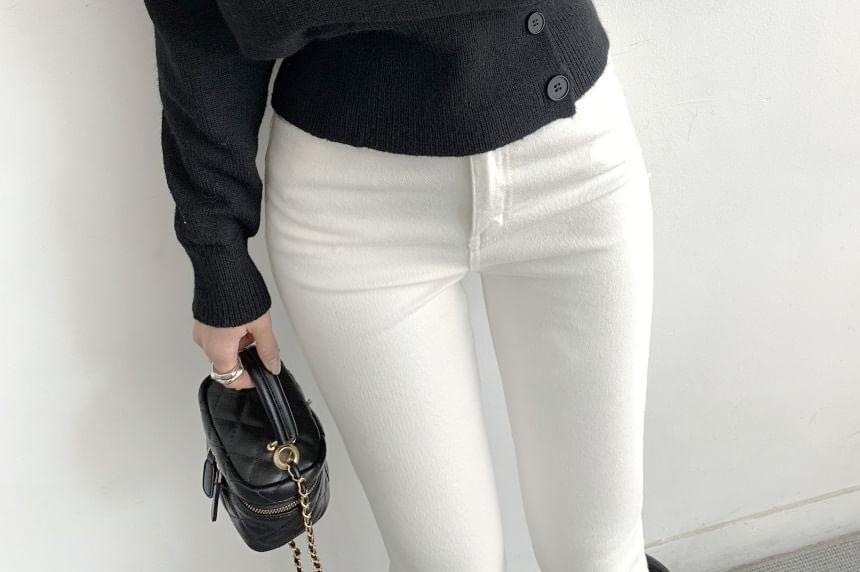 Long Sleeve Crew Neck Plain Button Up Crop Knit Top Product Image