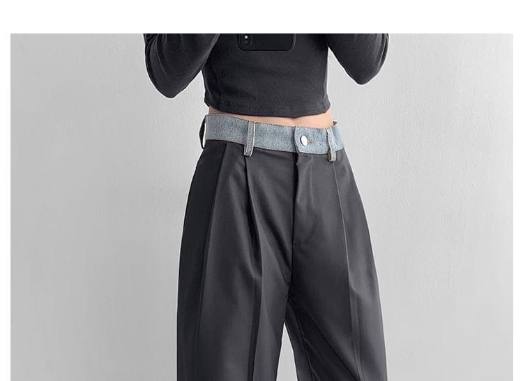 Denim-Waistline Pleated Straight-Cut Loose Dress Pants Product Image