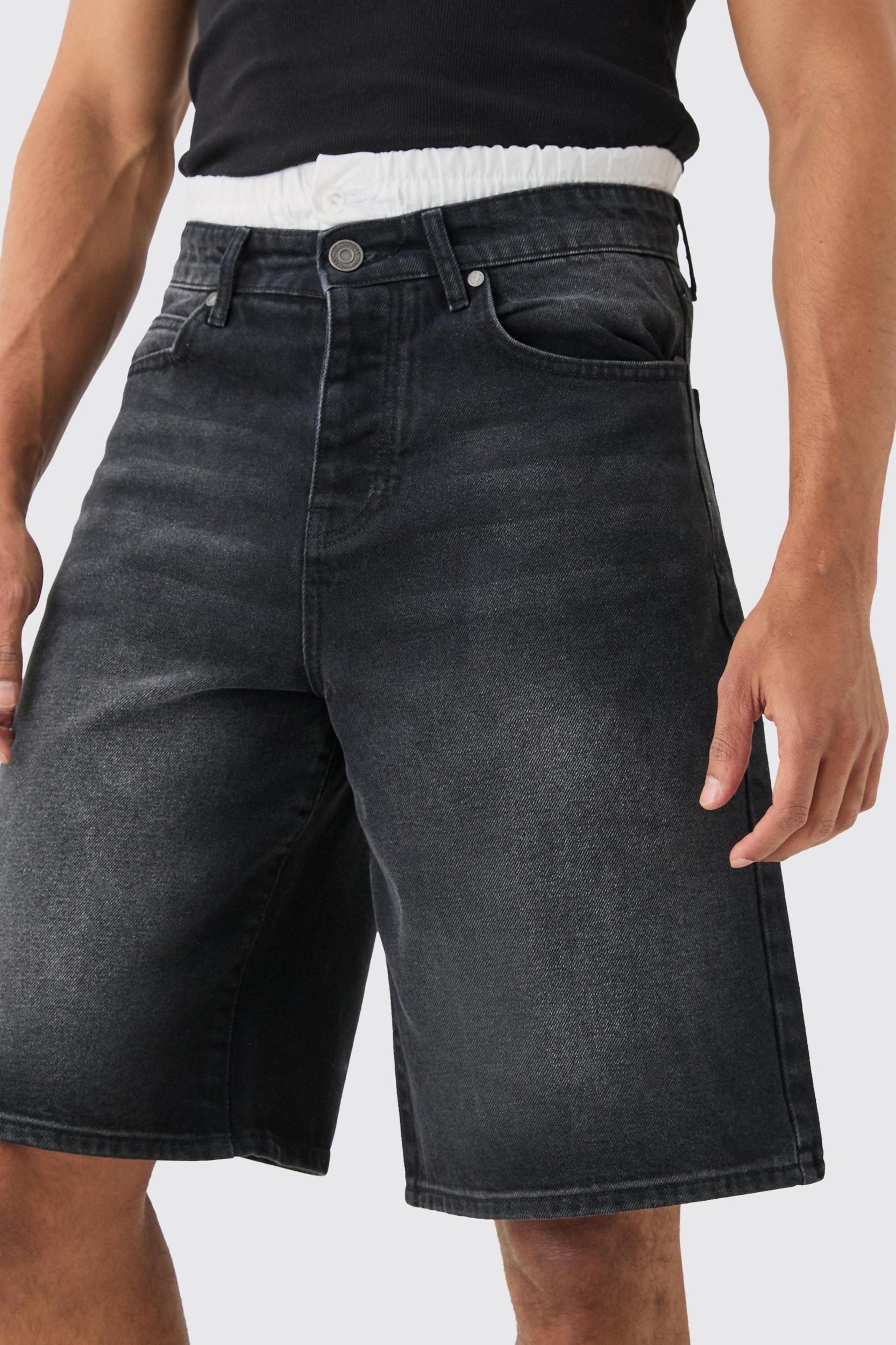 Double Waist Band Denim Jorts In Black | boohooMAN USA Product Image