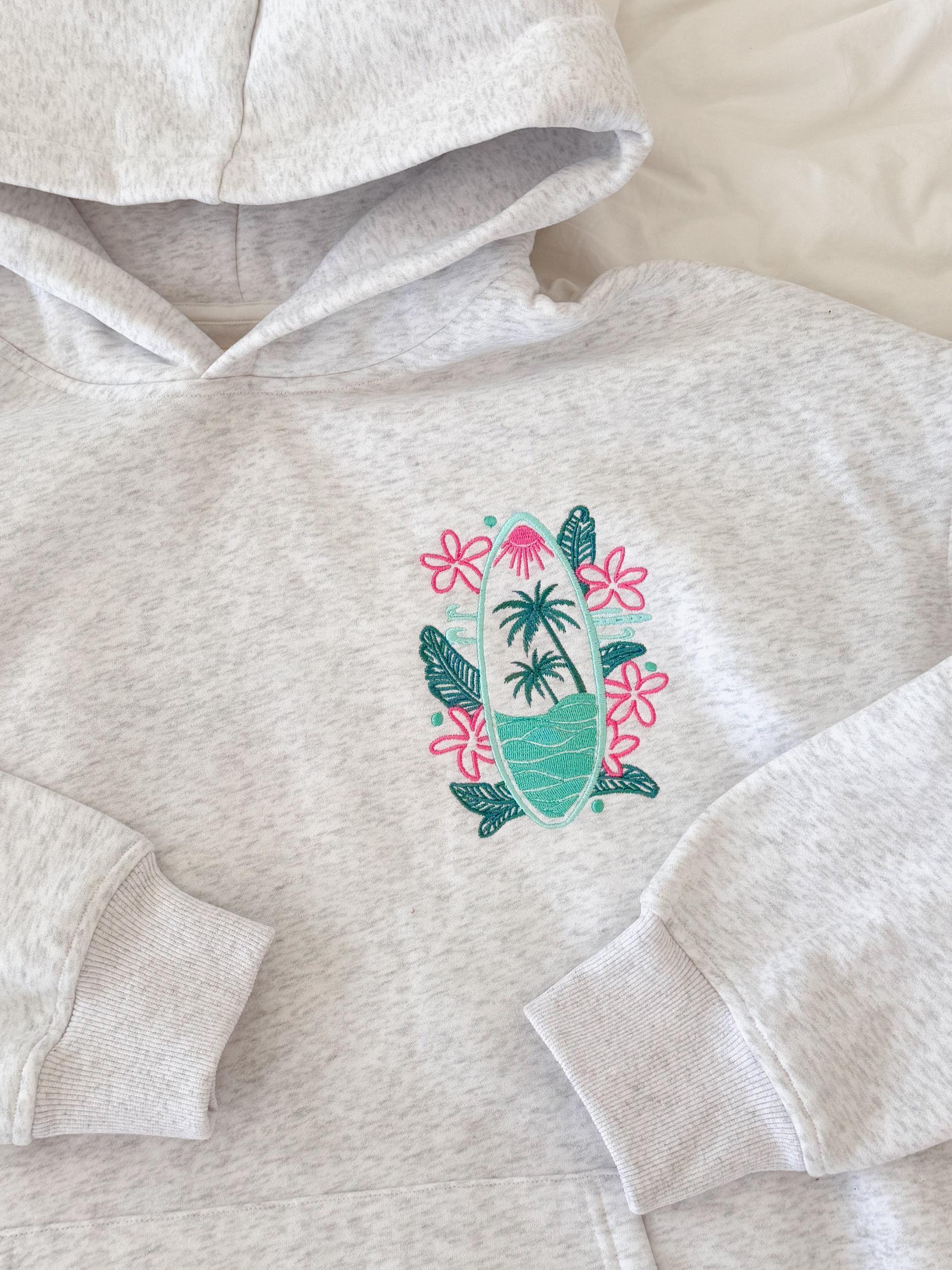 Pearl Grey Surfing The Waves Embroider Hoodie Product Image