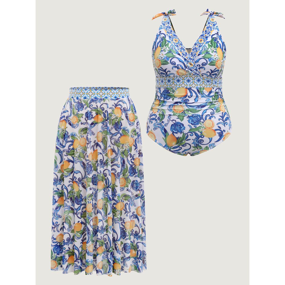 Plus Size Two-Piece Citrus Print Sarong Swimsuit Women's Swimwear Lemonyellow Beach Tie knot Curve Bathing Suits High stretch One Pieces BloomChic 14-16/1X Product Image
