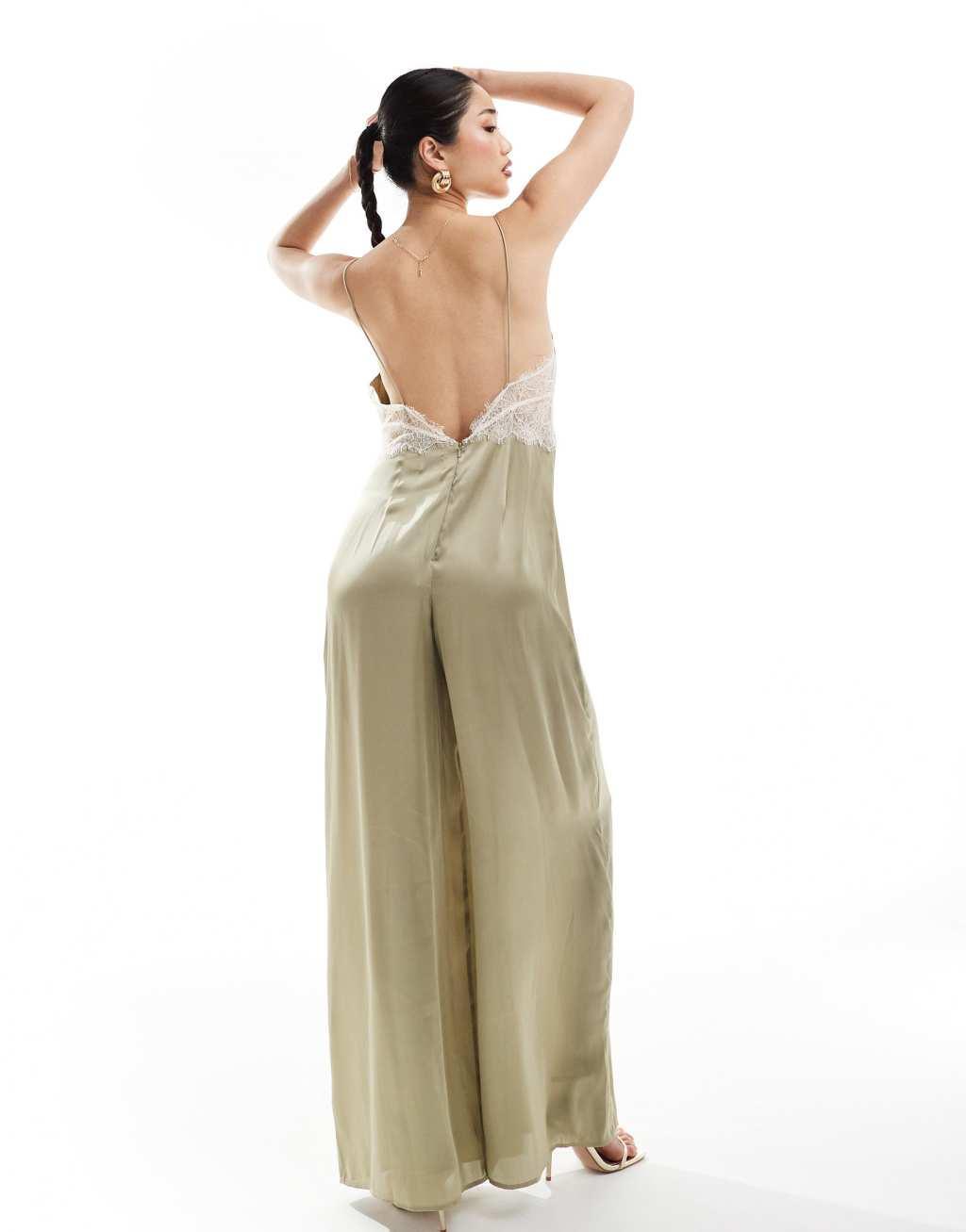 ASOS DESIGN lace insert satin cami jumpsuit in khaki  Product Image