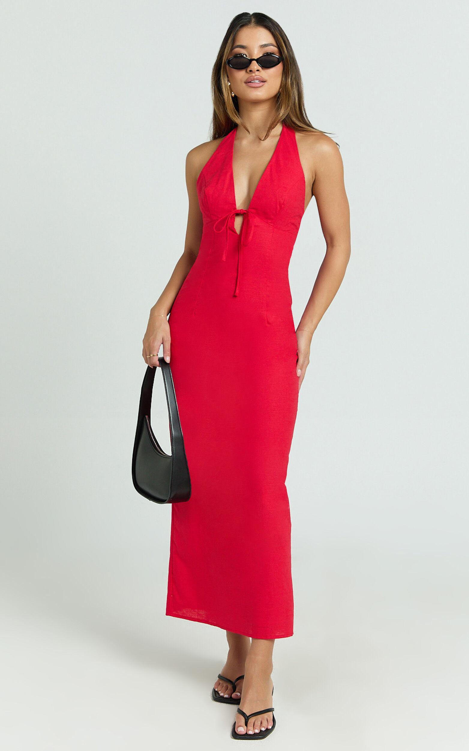 Arlette Midi Dress - Strappy V Neck Under Bust Gathered Tie Front Bias Slip Skirt Dress in Red Product Image