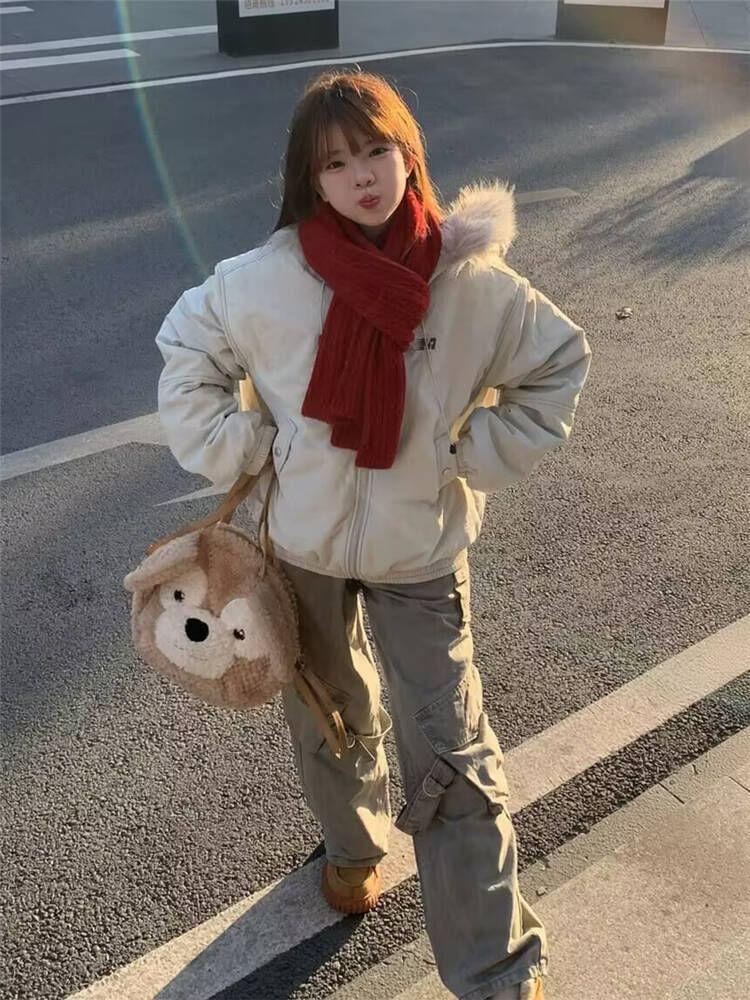 Fluffy Hooded Plain Zip Up Puffer Jacket Product Image