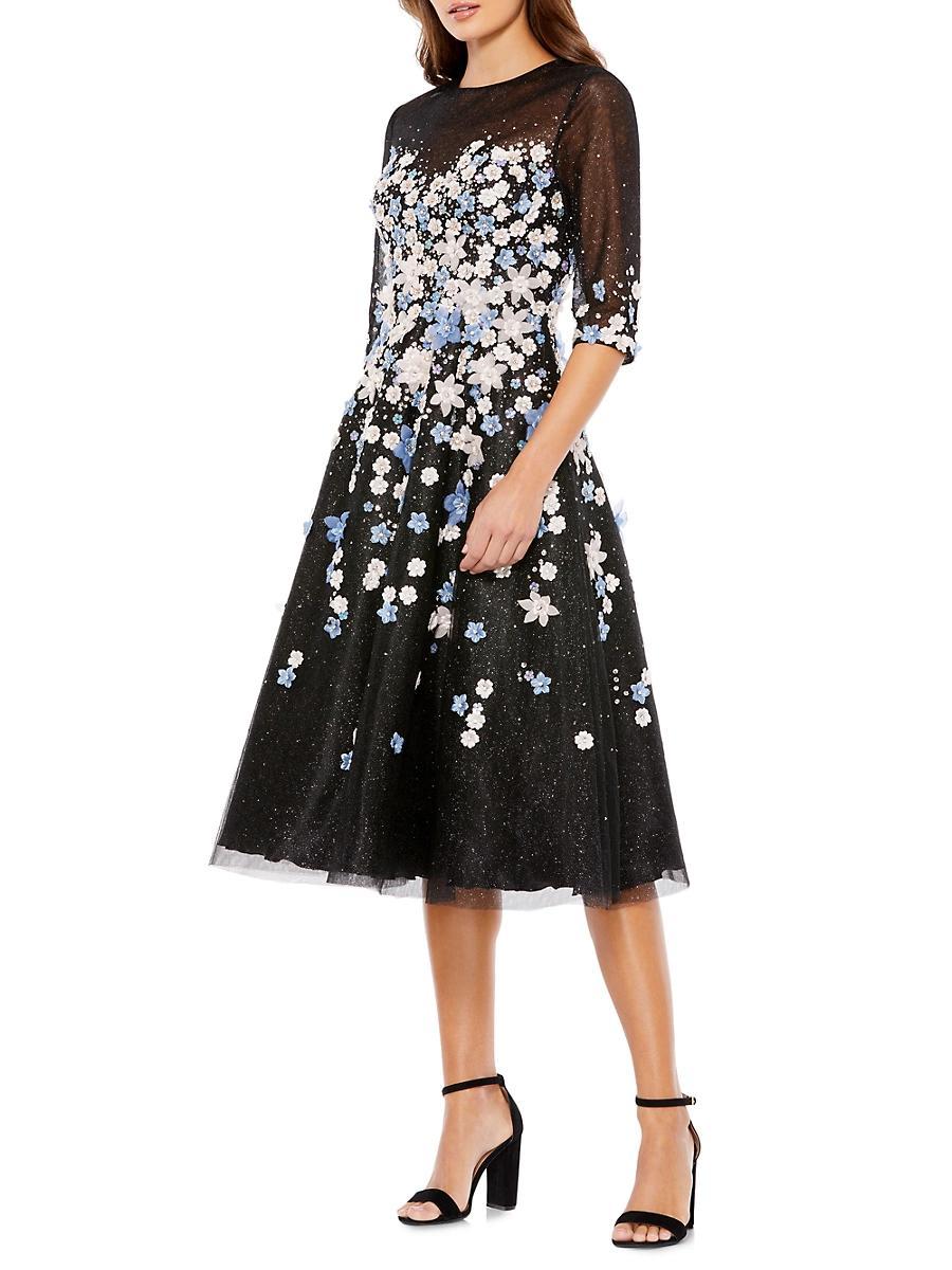 Womens Glittery Floral-Appliqu Midi-Dress Product Image
