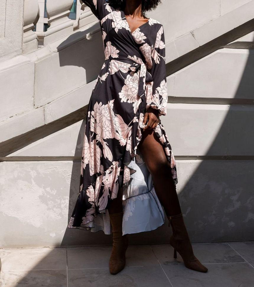Long-Sleeve V-Neck Asymmetrical Ruffle Trim Tie Waist A-Line Wrap Dress Product Image