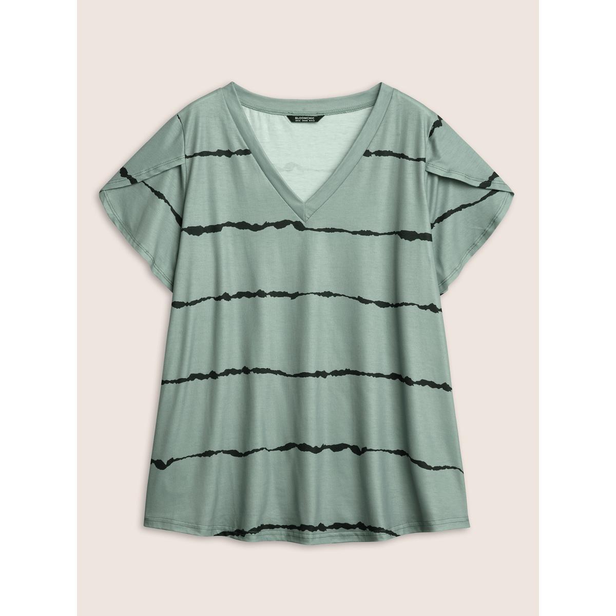 Plus Size Striped Contrast Petal Sleeve T-shirt Mint Women Elegant Striped Everyday T-shirts BloomChic 10/M Product Image