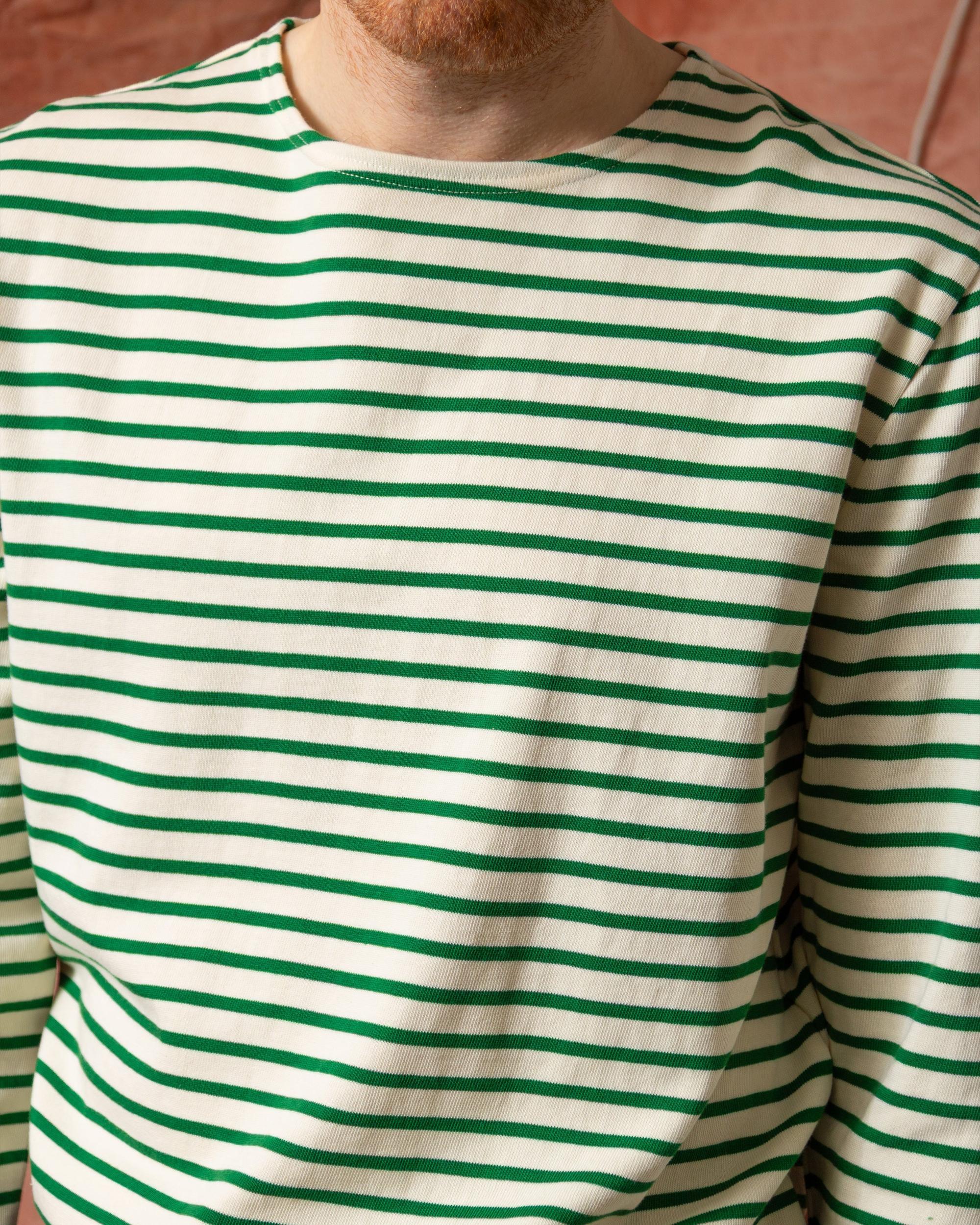 Men’s Breton Stripe Boatneck Tee in Off White/Hunter Green Product Image