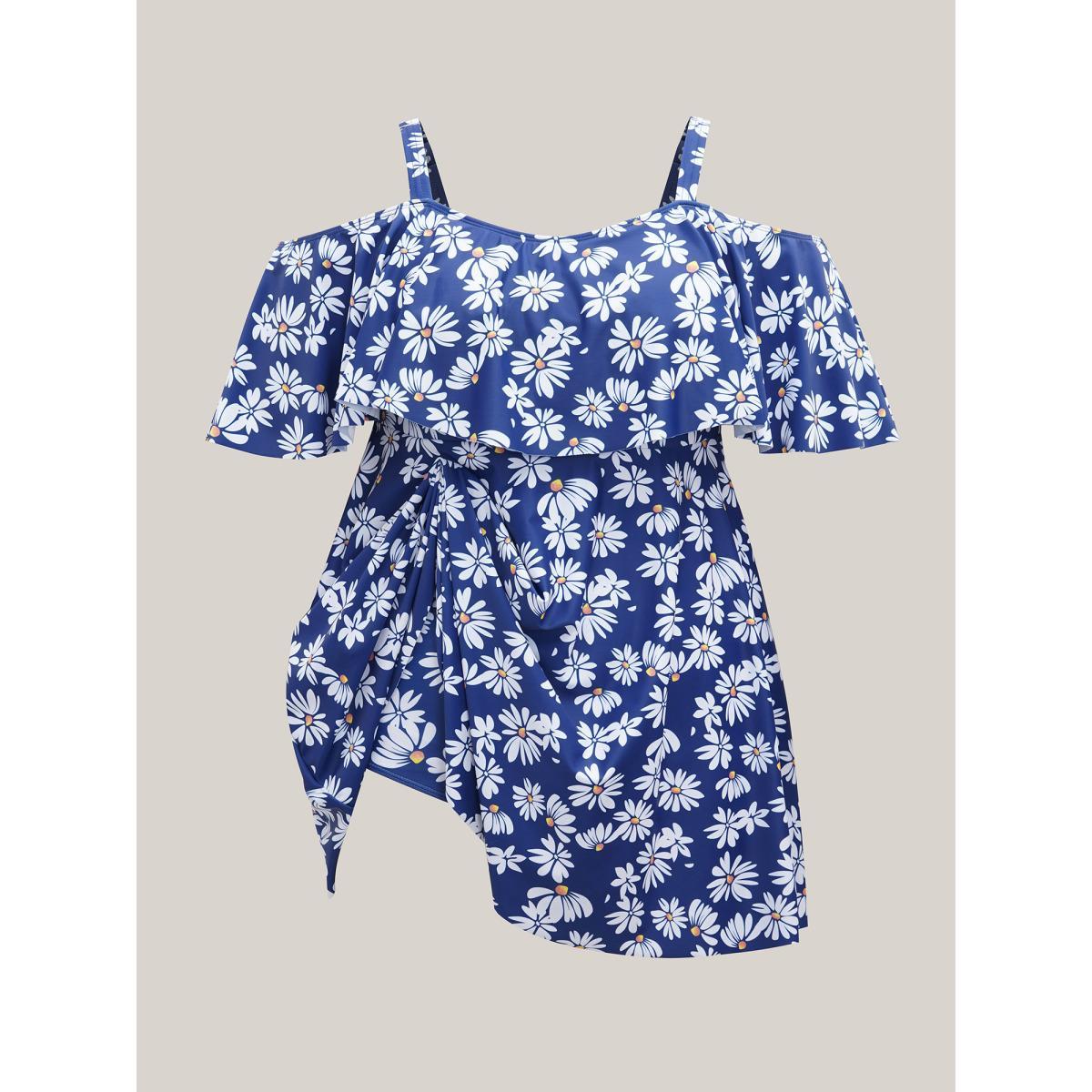 Plus Size Floral Print Cold-Shoulder Swim Dress Women's Swimwear Aegean Beach Bodycon One-shoulder neck High stretch Curve Swim Dresses BloomChic 10/M Product Image