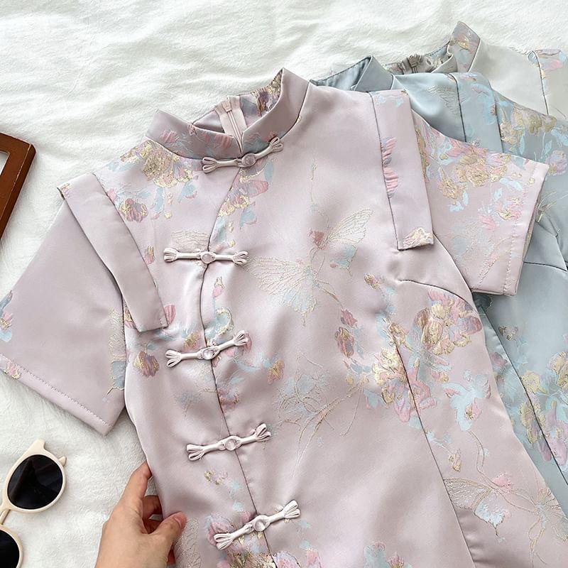 Set: Short Sleeve Mandarin Collar Slit Jacquard Top + High Waist Shorts Product Image