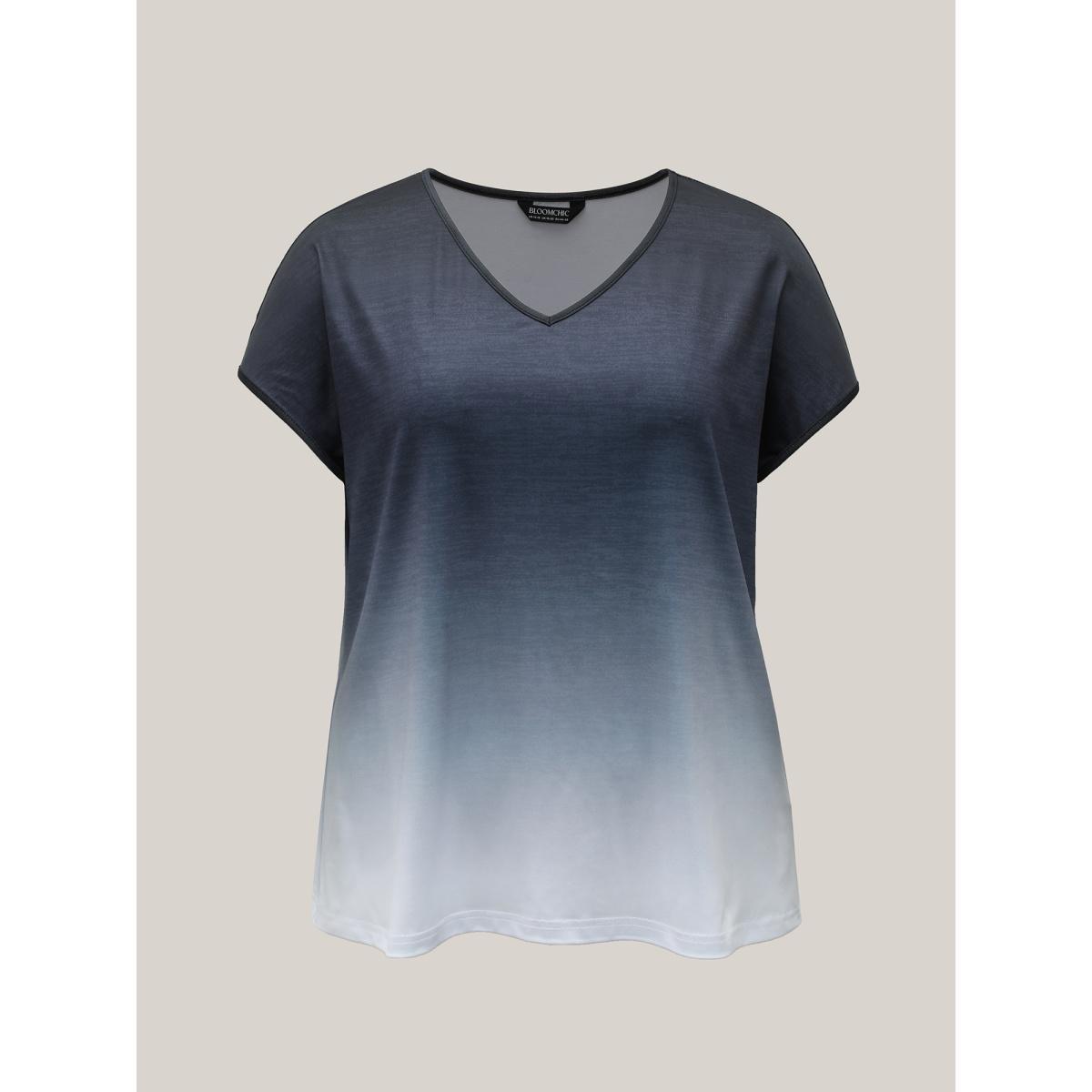 Plus Size Gradient Tie-Dye Stretchy V-Neck T-Shirt Indigo Women Casual Non V-neck Everyday T-shirts BloomChic 30/6X Product Image