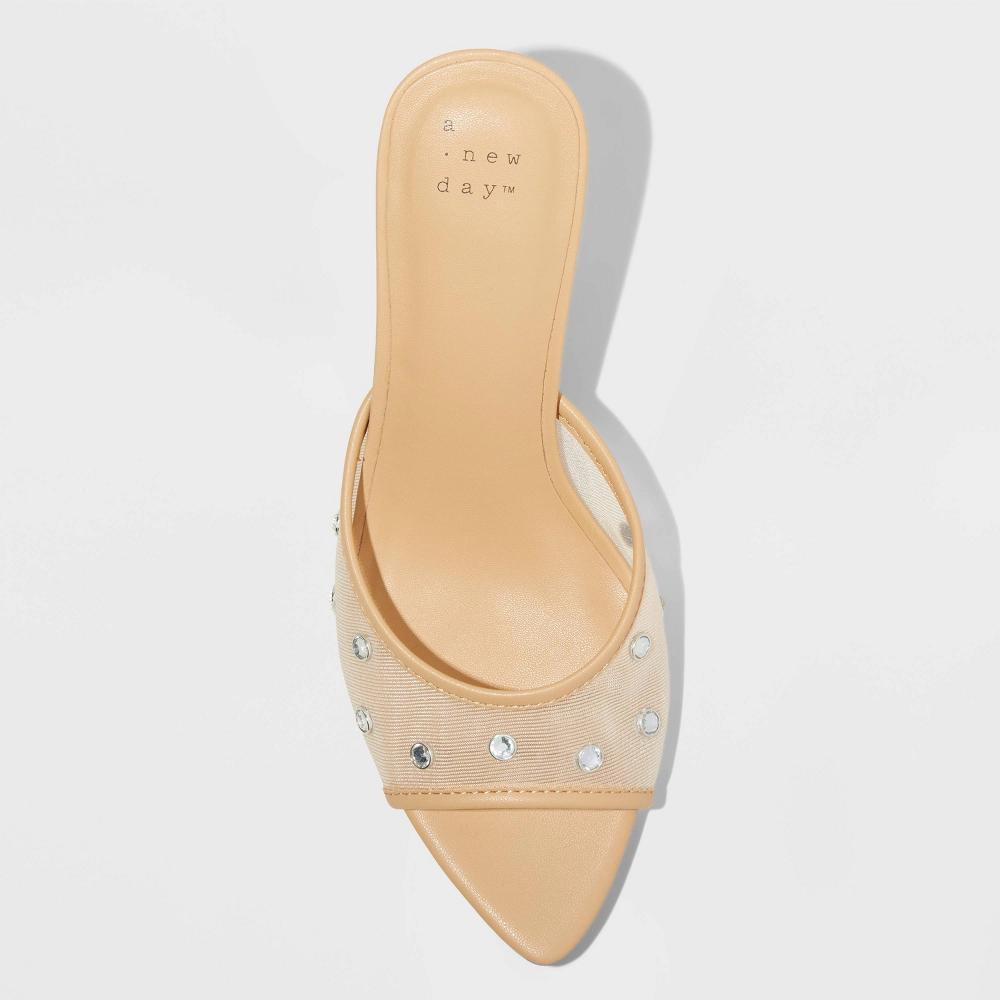 Womens Lupita Mesh Rhinestone Peep Toe Mule Heels with Memory Foam Insole - A New Day Beige 5.5: Slip-On Stiletto, Medium Width Product Image