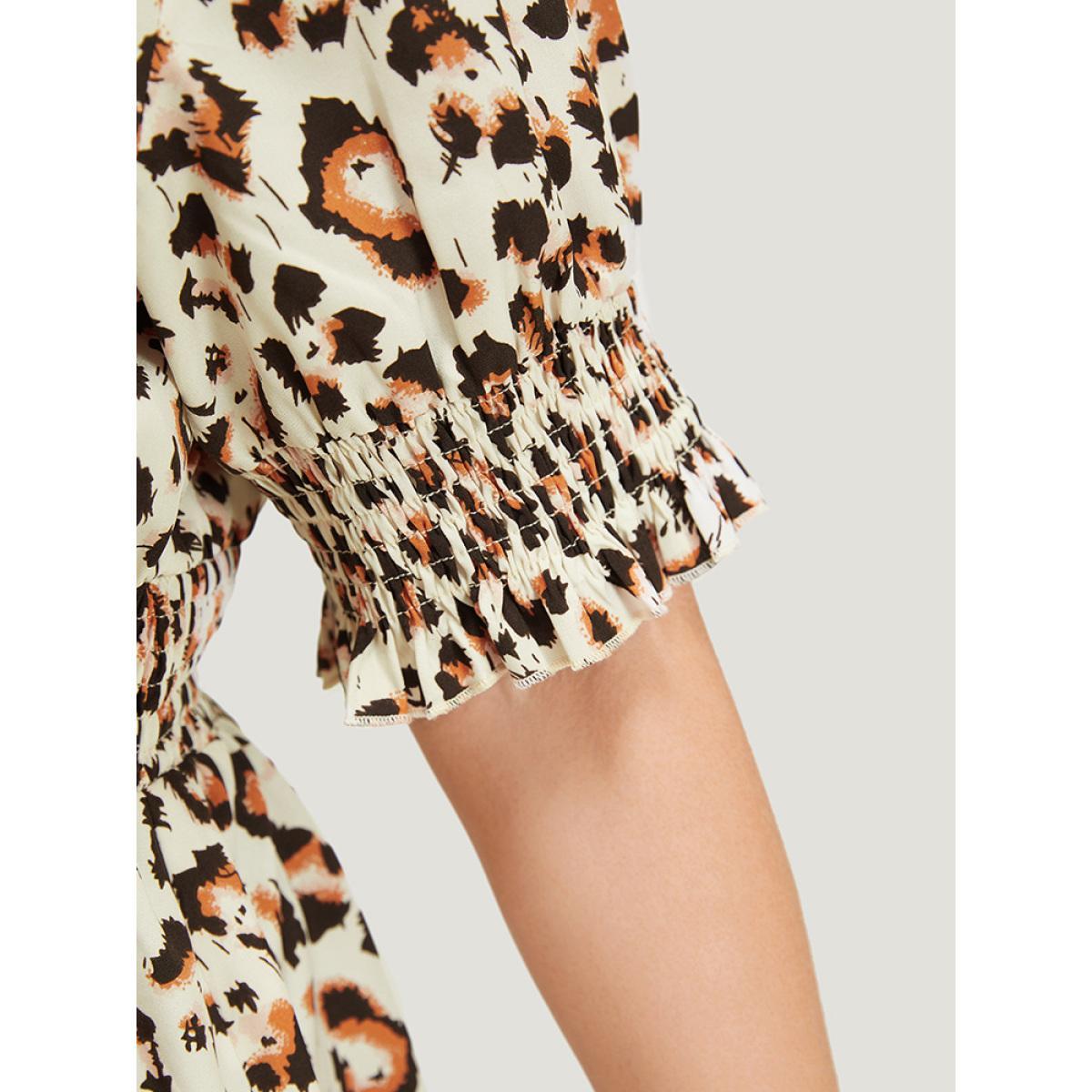 Plus Size Beige Leopard Print Shirred Puff Sleeve Ruffle Sleeve Blouse Women Glamour Short sleeve V-neck Going out Blouses BloomChic 14-16/1X Product Image