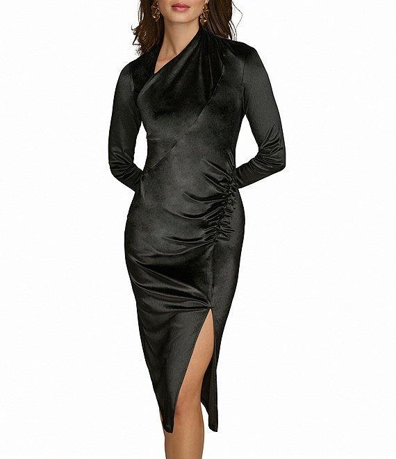 Donna Karan Satin Velvet Asymmetrical Neck Long Sleeve Sheath Dress Product Image