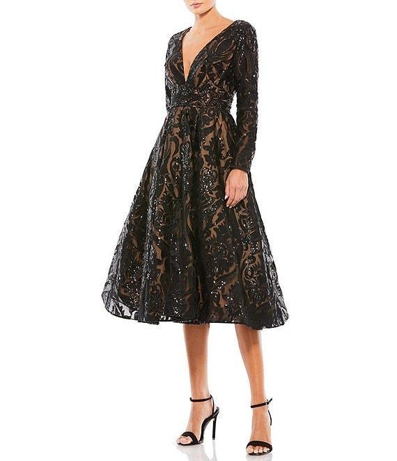 Mac Duggal Deep V-Neck Long Sleeve Fully Lined Sequin Fit and Flare Midi Dress Product Image