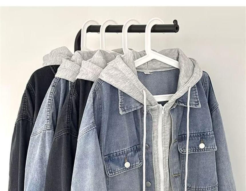 Collared Mock Two-Piece Washed Hooded Zip-Up Denim Jacket Product Image